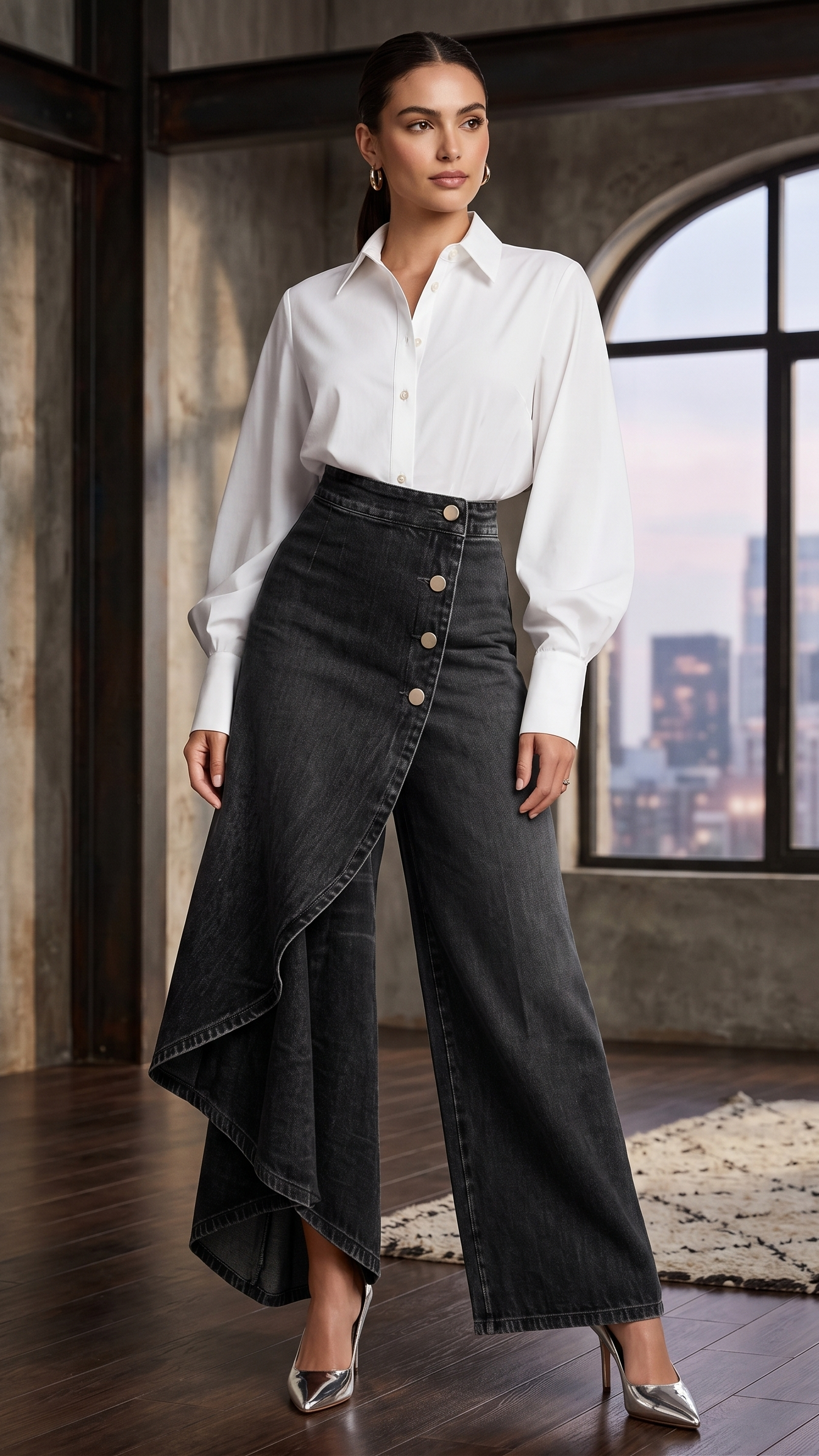 Calça Jeans Pantalona Feminina com Sobressaia Assimétrica e Botões – Romy - VIEUX OFICIAL