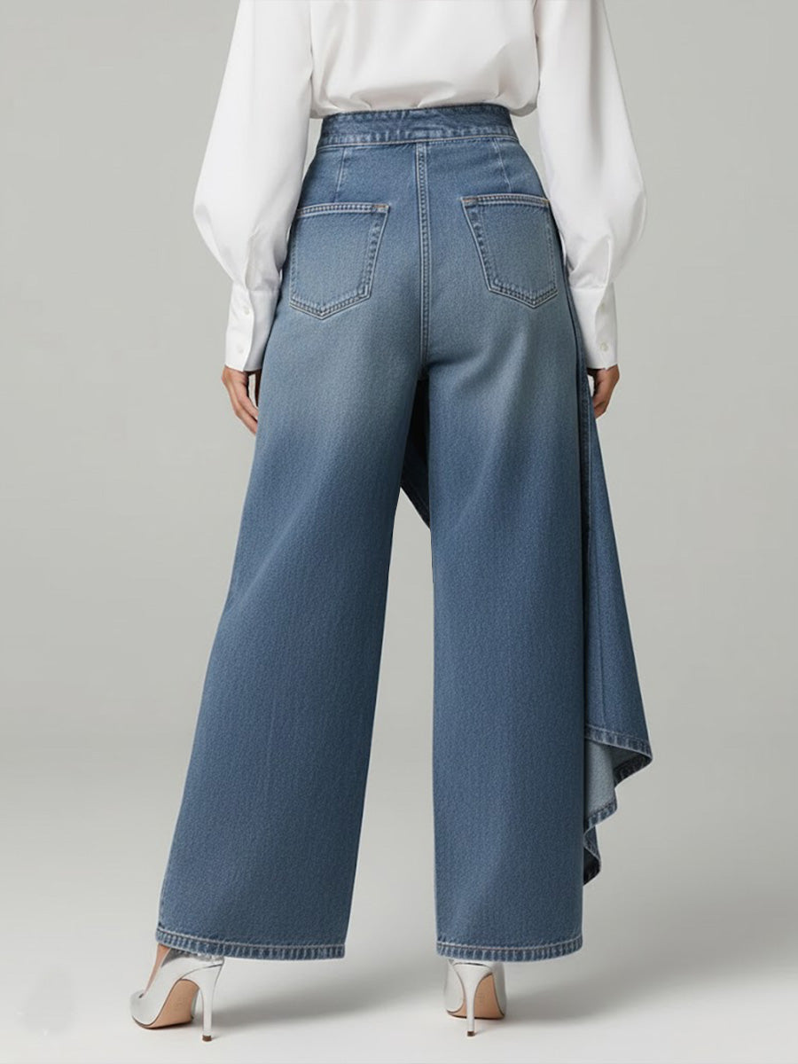 Calça Jeans Pantalona Feminina com Sobressaia Assimétrica e Botões – Romy - VIEUX OFICIAL