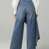 Calça Jeans Pantalona Feminina com Sobressaia Assimétrica e Botões – Romy - VIEUX OFICIAL