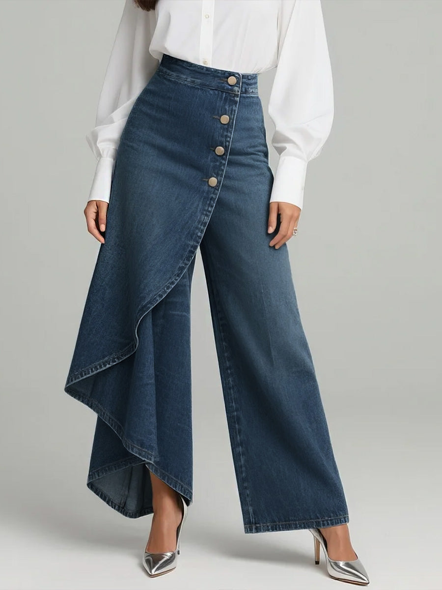 Calça Jeans Pantalona Feminina com Sobressaia Assimétrica e Botões – Romy - VIEUX OFICIAL
