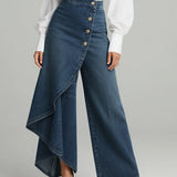 Calça Jeans Pantalona Feminina com Sobressaia Assimétrica e Botões – Romy - VIEUX OFICIAL