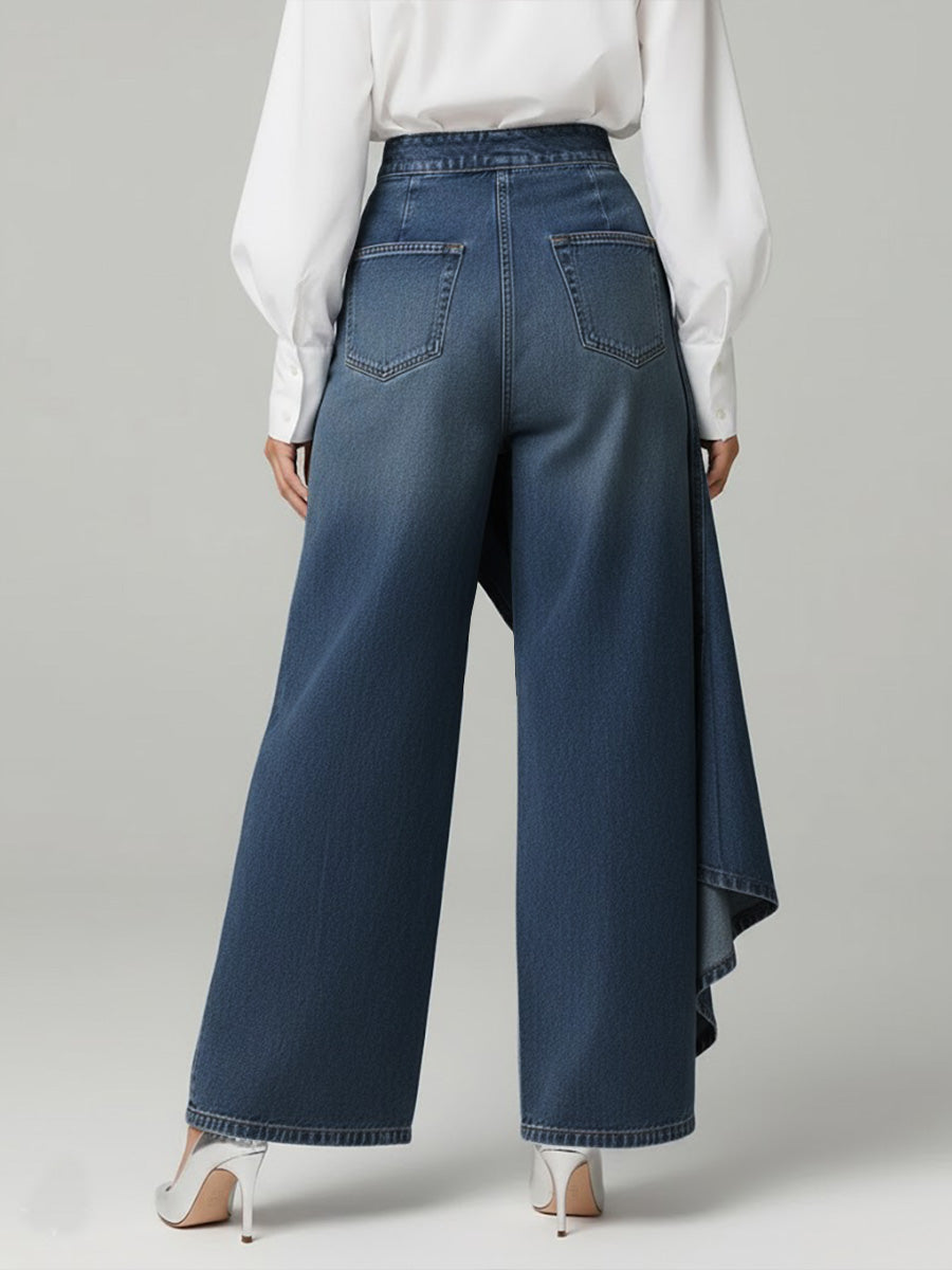 Calça Jeans Pantalona Feminina com Sobressaia Assimétrica e Botões – Romy - VIEUX OFICIAL