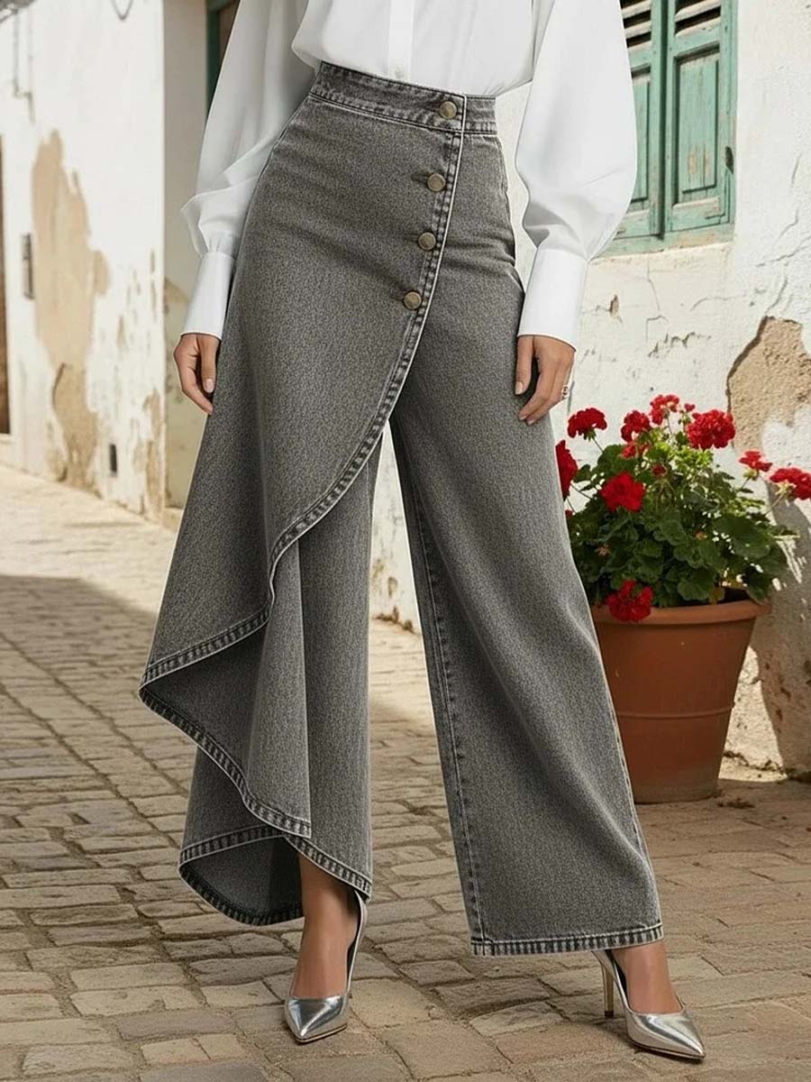 Calça Jeans Pantalona Feminina com Sobressaia Assimétrica e Botões – Romy - VIEUX OFICIAL