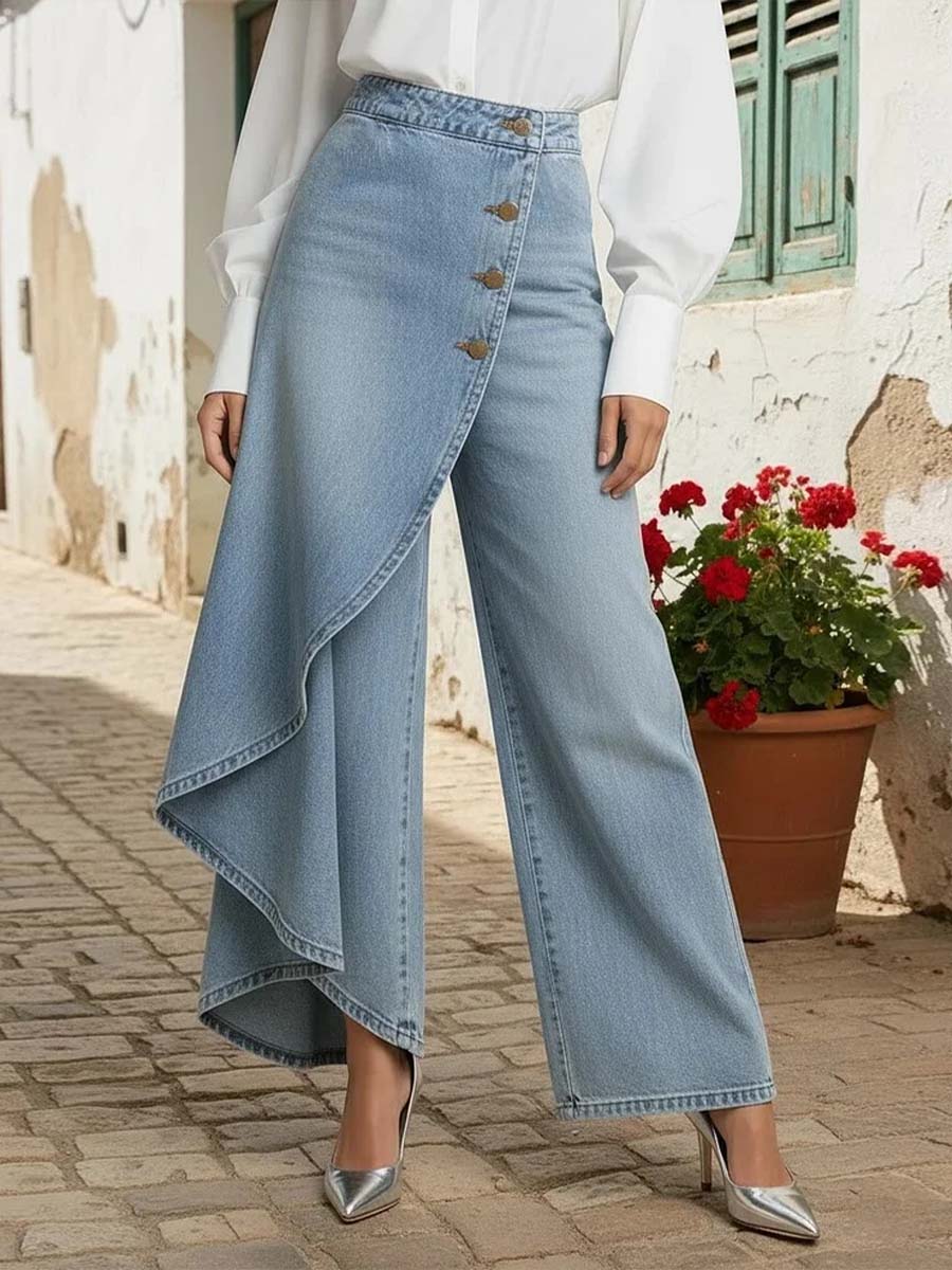 Calça Jeans Pantalona Feminina com Sobressaia Assimétrica e Botões – Romy - VIEUX OFICIAL