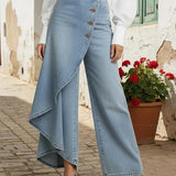 Calça Jeans Pantalona Feminina com Sobressaia Assimétrica e Botões – Romy - VIEUX OFICIAL