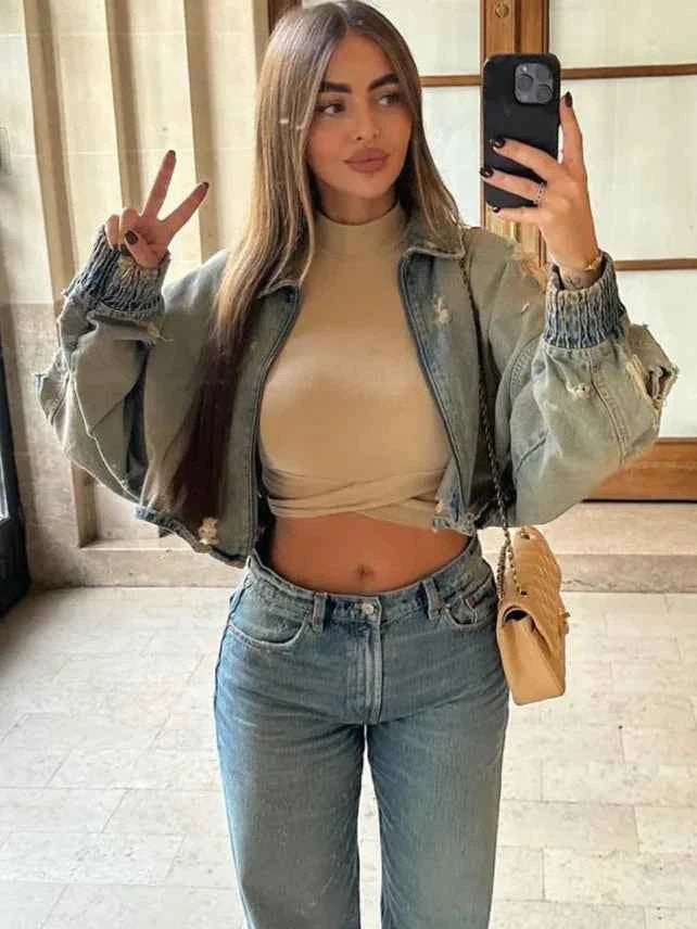 Jaqueta jeans cropped destroyed com zíper azul Nomades VIEUX OFICIAL