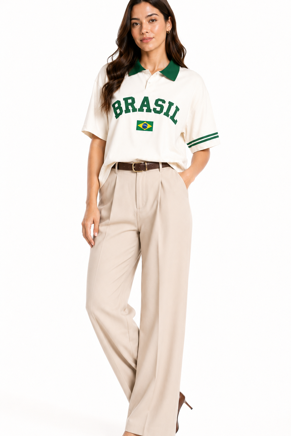 Camisa polo feminina de piquet com estampa Brasil Trionfo VIEUX OFICIAL