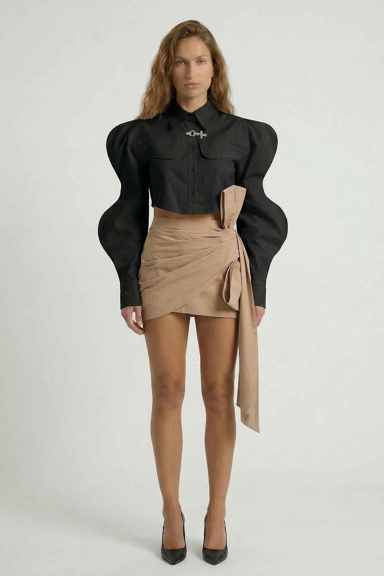 Camisa Feminina Cropped Estruturada Manga Bufante Longa – Ludovica