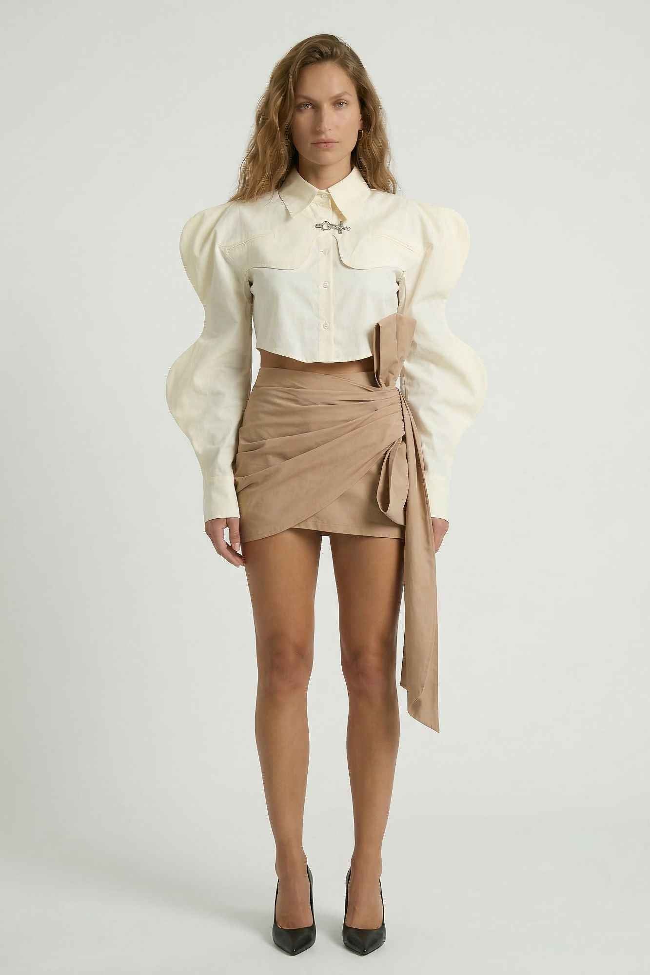 Camisa Feminina Cropped Estruturada Manga Bufante Longa – Ludovica