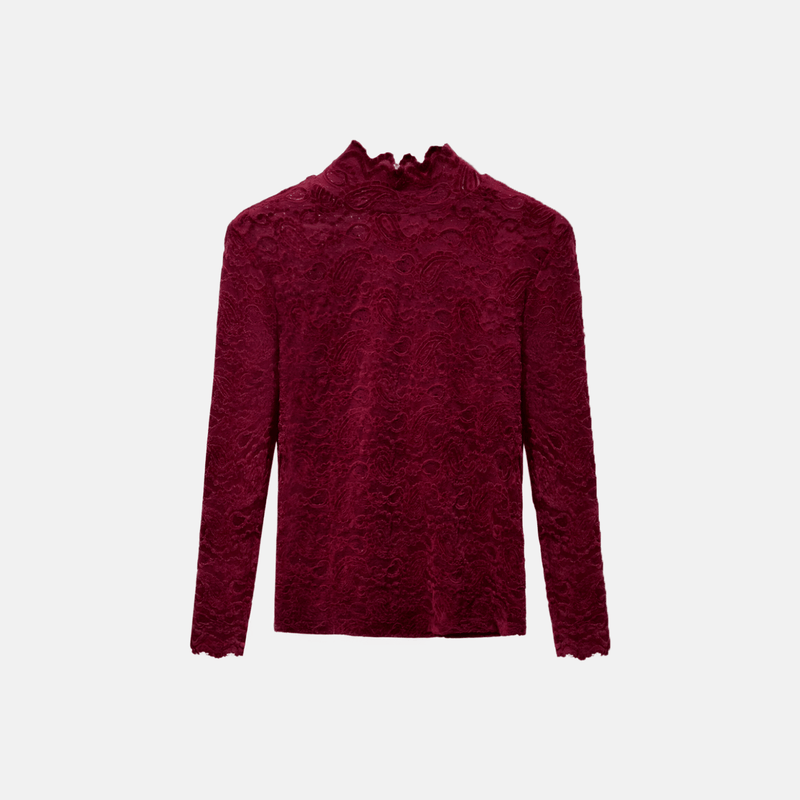 Blusa de renda manga longa com gola alta de babados vermelha Palermo VIEUX OFICIAL