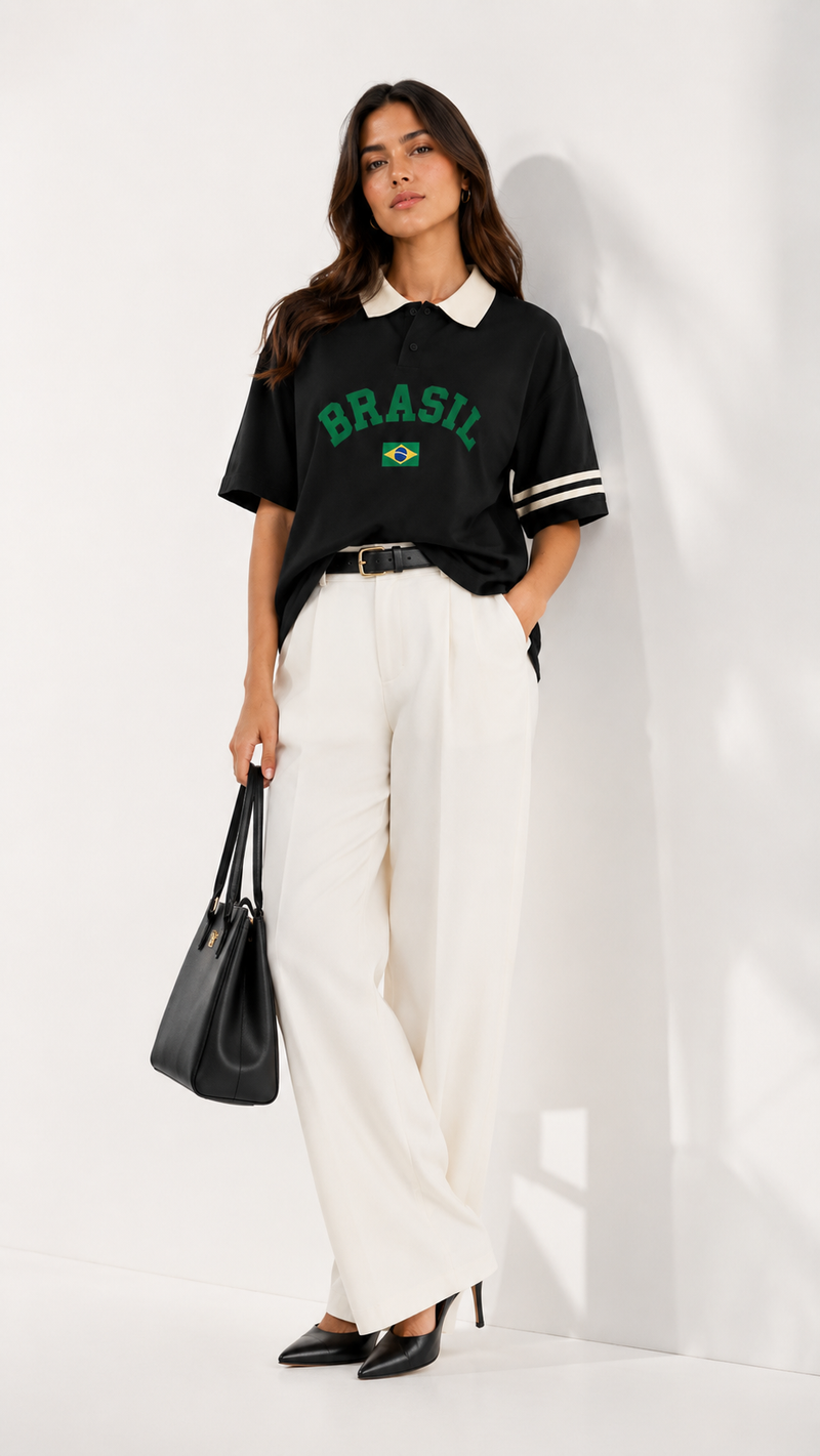Camisa polo feminina de piquet com estampa Brasil Trionfo VIEUX OFICIAL