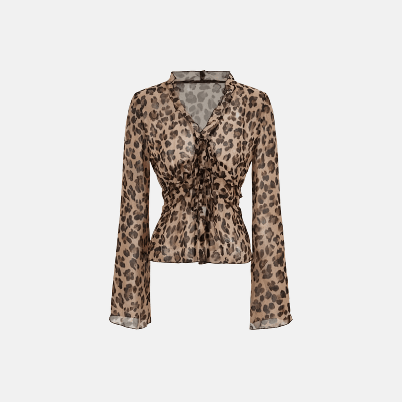 Camisa de tule estampada animal print com amarração frontal e babados leopardo Beaufort VIEUX OFICIAL