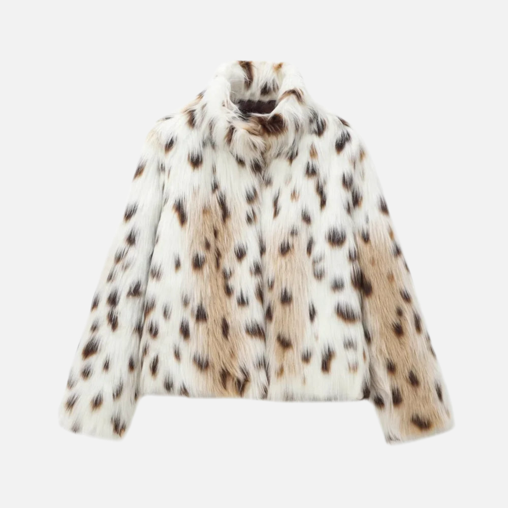 Casaco Feminino Curto de Pelo Sintético Animal Print Gola Alta – Tundra