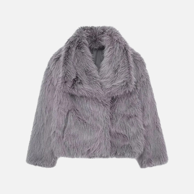 Casaco feminino de pelo sintético com gola lapela e textura macia cinza Saveur VIEUX OFICIAL
