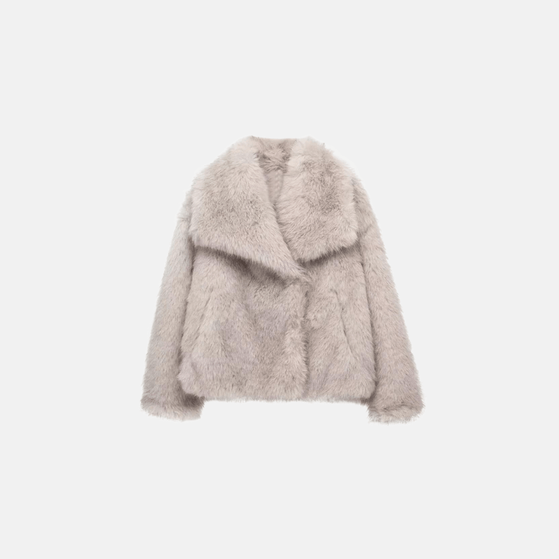 Casaco feminino de pelúcia sintética com gola larga cinza Fleece VIEUX OFICIAL