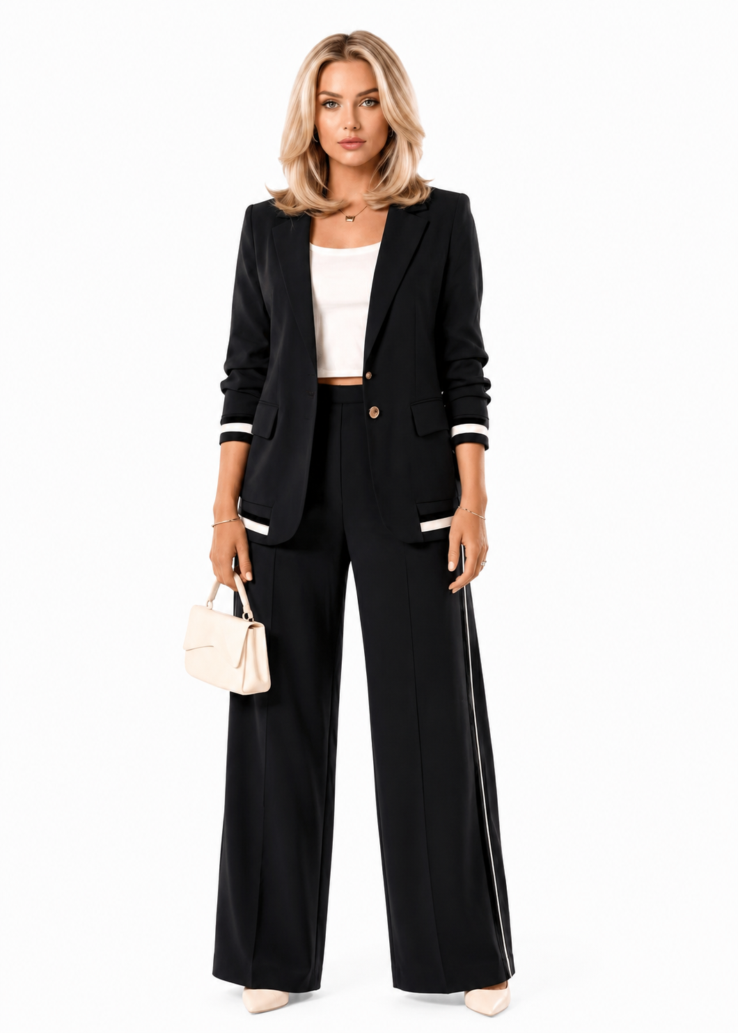 Conjunto Feminino Alfaiataria Premium Casaquinho e Calça Pantalona com Detalhes Listrados – Milão - VIEUX OFICIAL