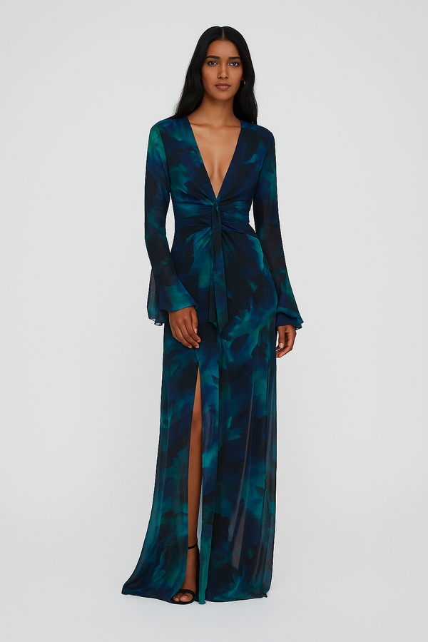 Chemise Longa de Chiffon Estampado com Babados – Lagon VIEUX OFICIAL