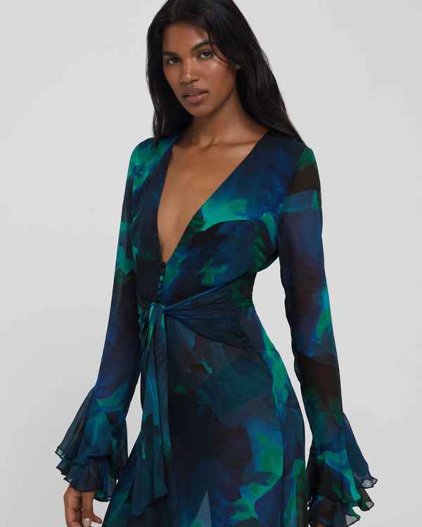 Chemise Longa de Chiffon Estampado com Babados – Lagon