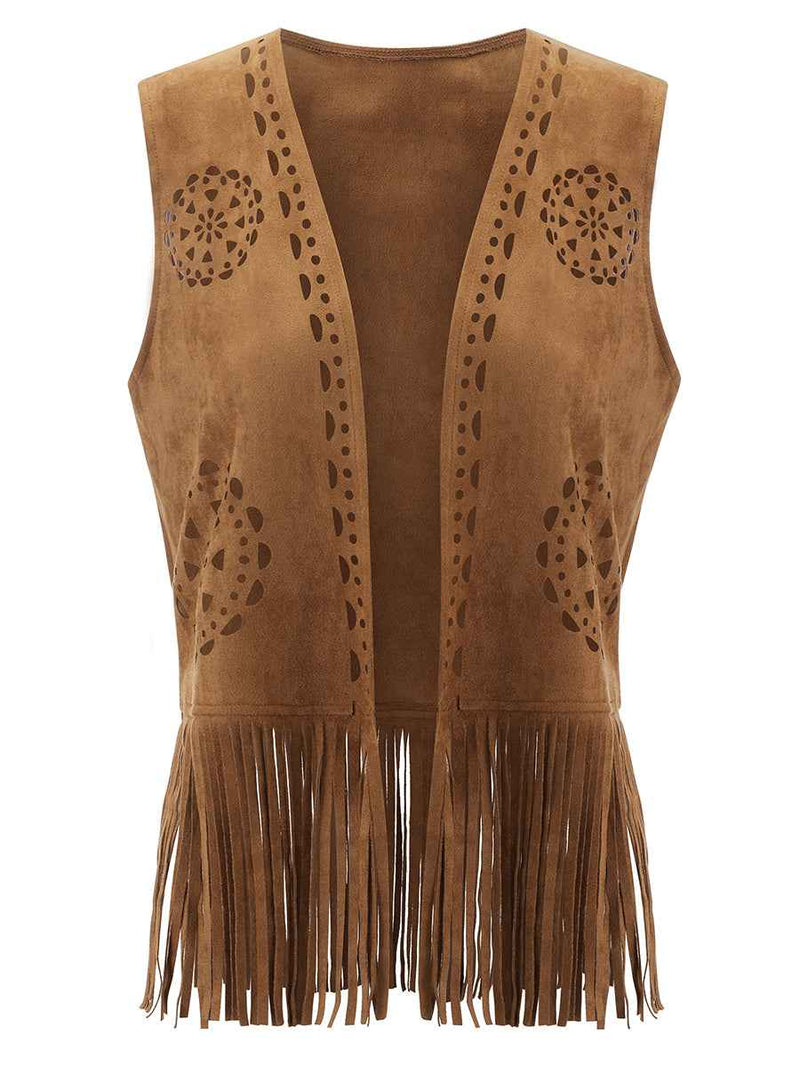 Colete Feminino Camurça com Franjas e Recortes Vazados Boho – Wildwood
