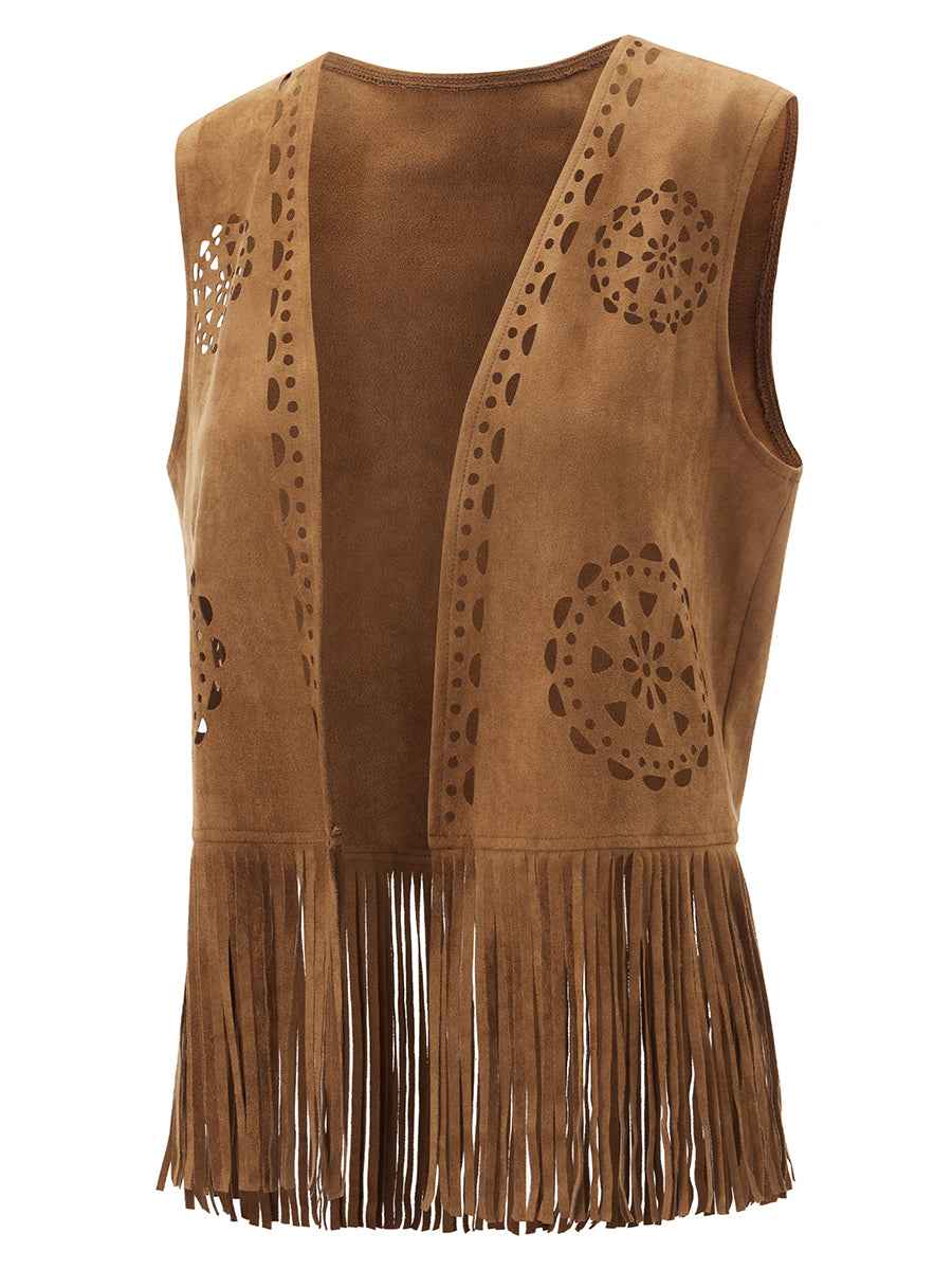 Colete Feminino Camurça com Franjas e Recortes Vazados Boho – Wildwood