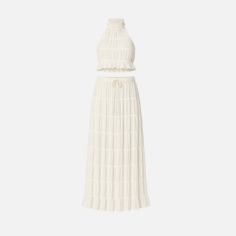 Conjunto feminino off white com cropped e saia longa de lastex Boudet VIEUX OFICIAL
