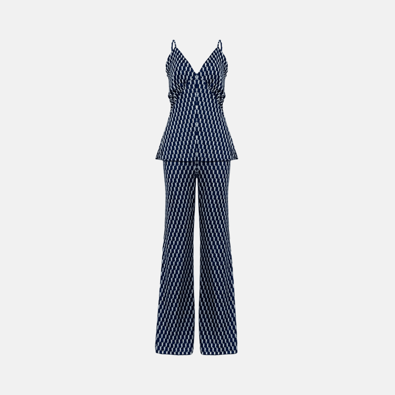 Conjunto feminino longo estampado com calça pantalona e blusa de alças finas azul Bethencourt VIEUX OFICIAL