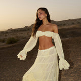 Conjunto Boho Chic Transparente Amarelo Manteiga – Top Ombro a Ombro e Saia Longa Aura VIEUX OFICIAL