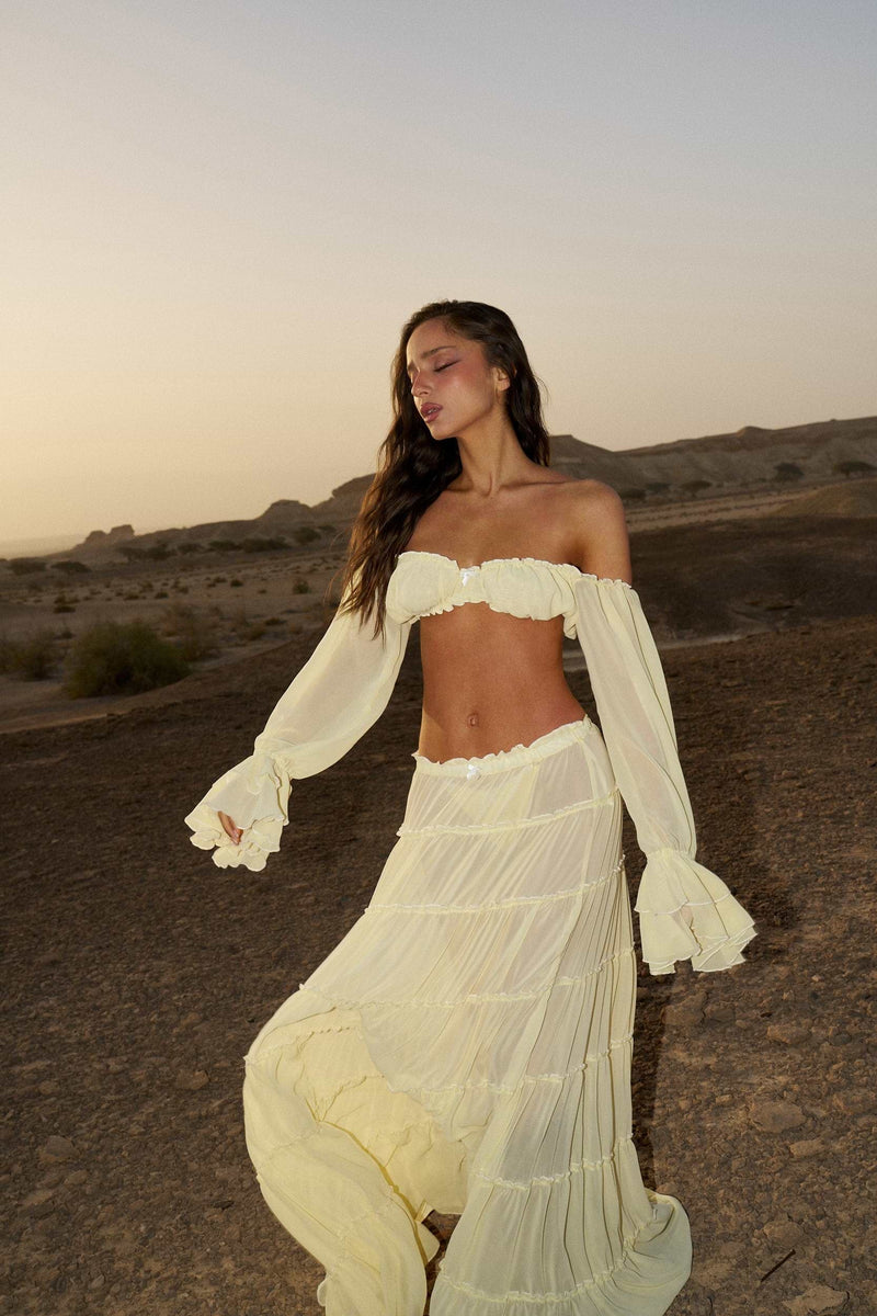 Conjunto Boho Chic Transparente Amarelo Manteiga – Top Ombro a Ombro e Saia Longa Aura VIEUX OFICIAL