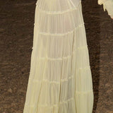 Conjunto Boho Chic Transparente Amarelo Manteiga – Top Ombro a Ombro e Saia Longa Aura VIEUX OFICIAL