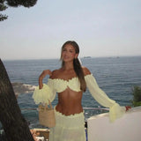 Conjunto Boho Chic Transparente Amarelo Manteiga – Top Ombro a Ombro e Saia Longa Aura VIEUX OFICIAL