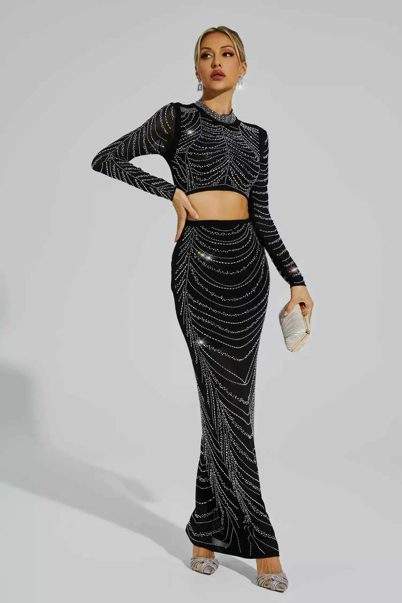 Conjunto feminino de festa longo com top cropped e saia justa em tule bordado com cristais preto Brassens VIEUX OFICIAL
