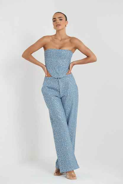 Conjunto feminino de corset tomara que caia e calça pantalona em jacquard azul Charmant VIEUX OFICIAL