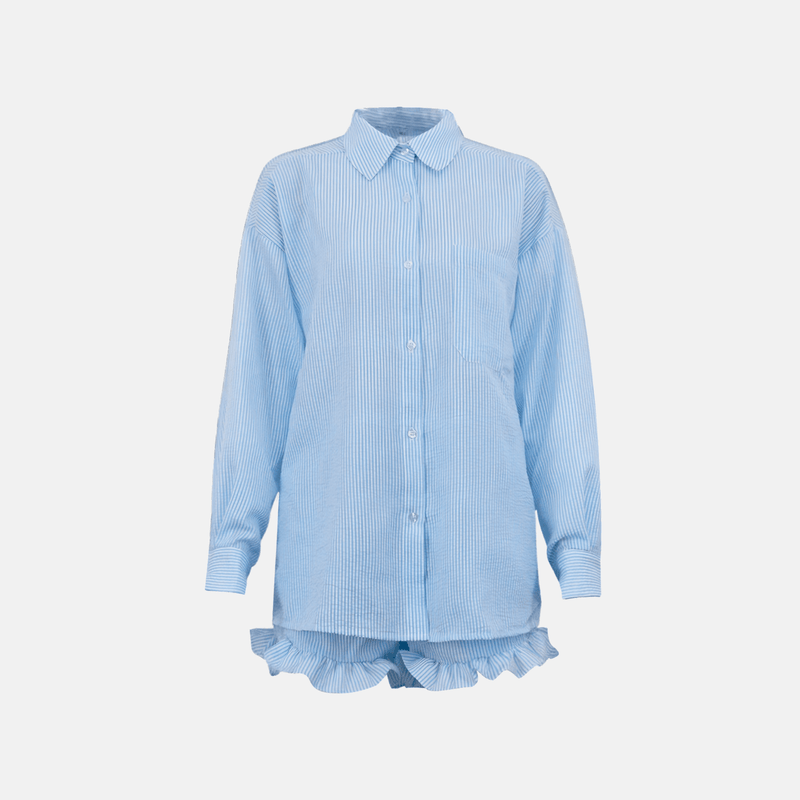 Conjunto feminino camisa oversized listrada com short godê em algodão azul Godefroy VIEUX OFICIAL