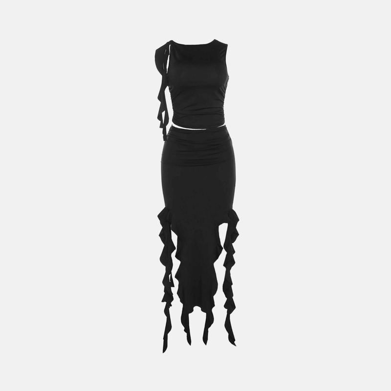 Conjunto feminino assimétrico com top e saia longa com babados em cascata preto Cerise VIEUX OFICIAL