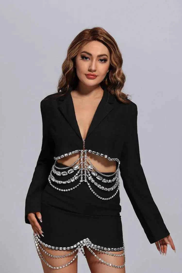 Conjunto feminino de blazer e saia com recortes e correntes de cristal preto Cler VIEUX OFICIAL
