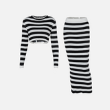 Conjunto Feminino de Tricô Listrado com Top Cropped Manga Longa e Saia Midi Justa – Conrad Hiver - VIEUX OFICIAL
