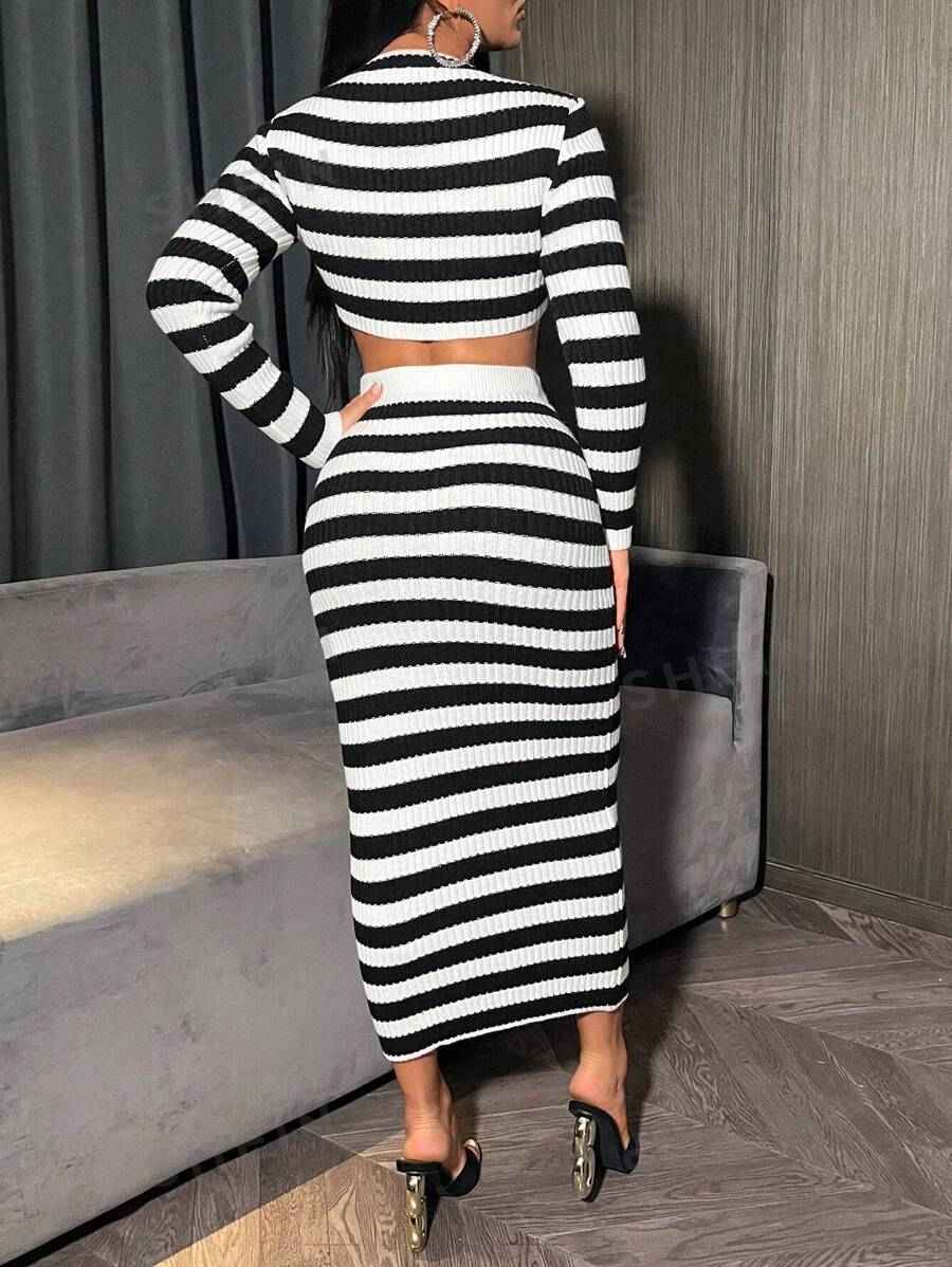 Conjunto Feminino de Tricô Listrado com Top Cropped Manga Longa e Saia Midi Justa – Conrad Hiver - VIEUX OFICIAL