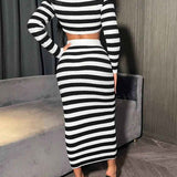 Conjunto Feminino de Tricô Listrado com Top Cropped Manga Longa e Saia Midi Justa – Conrad Hiver - VIEUX OFICIAL