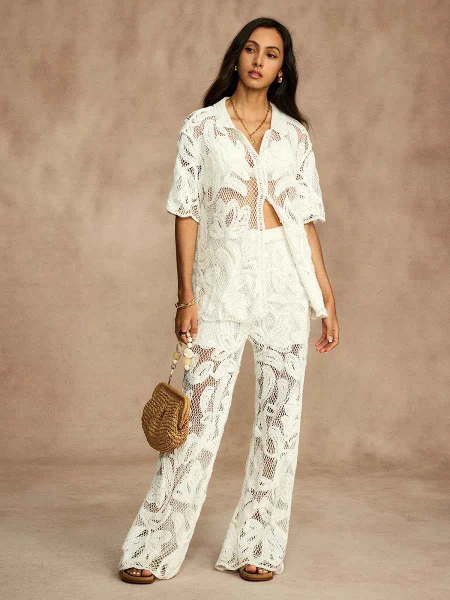 Conjunto Cropped e Calça Reta em Crochê Branco Forrado – Charpentier - VIEUX OFICIAL