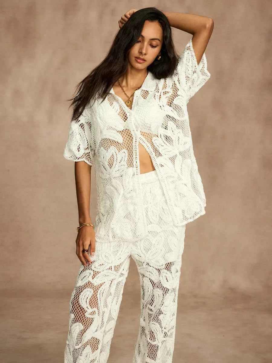 Conjunto Cropped e Calça Reta em Crochê Branco Forrado – Élysée VIEUX OFICIAL
