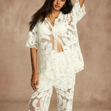 Conjunto Cropped e Calça Reta em Crochê Branco Forrado – Élysée VIEUX OFICIAL