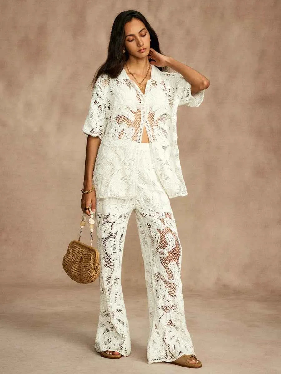 Conjunto Cropped e Calça Reta em Crochê Branco Forrado – Élysée VIEUX OFICIAL