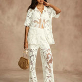 Conjunto Cropped e Calça Reta em Crochê Branco Forrado – Élysée VIEUX OFICIAL