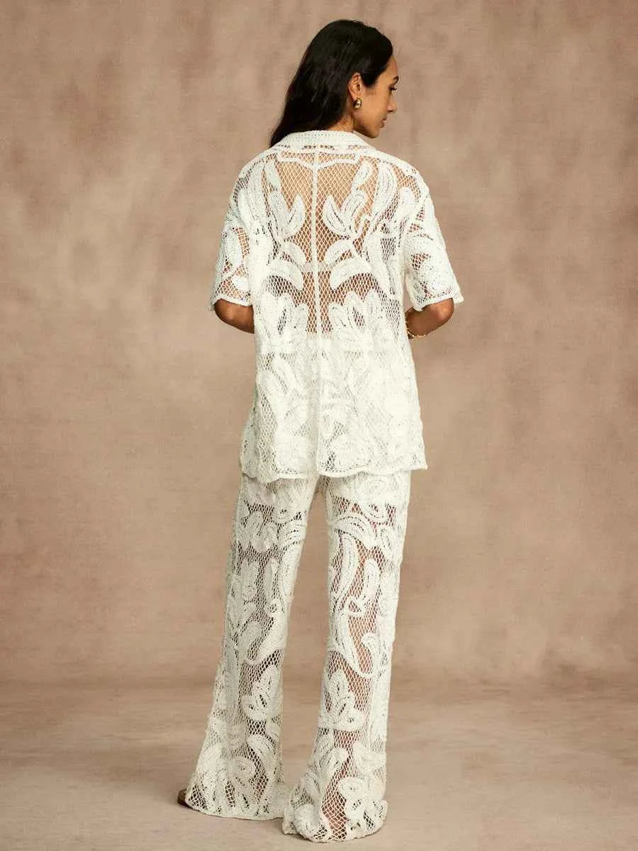 Conjunto Cropped e Calça Reta em Crochê Branco Forrado – Élysée VIEUX OFICIAL