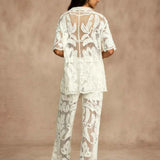 Conjunto Cropped e Calça Reta em Crochê Branco Forrado – Élysée VIEUX OFICIAL