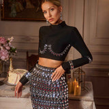 Conjunto Curto de Festa Preto com Cristais Brilhantes e Cropped de Manga Longa – Beaulieu VIEUX OFICIAL