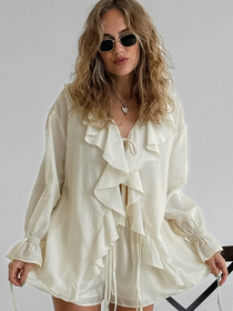 Conjunto feminino de viscose com babados camisa e shorts off white Dazzle VIEUX OFICIAL