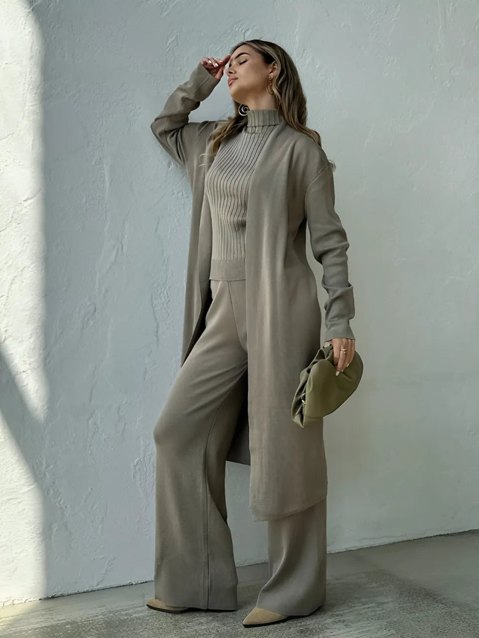 Conjunto Feminino 3 Peças Tricot Premium Pantalona Cardigan Longo e Gola Alta – Solstício VIEUX OFICIAL