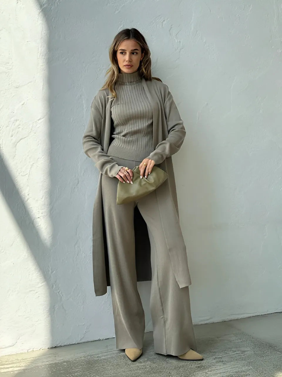 Conjunto Feminino 3 Peças Tricot Premium Pantalona Cardigan Longo e Gola Alta – Solstício VIEUX OFICIAL