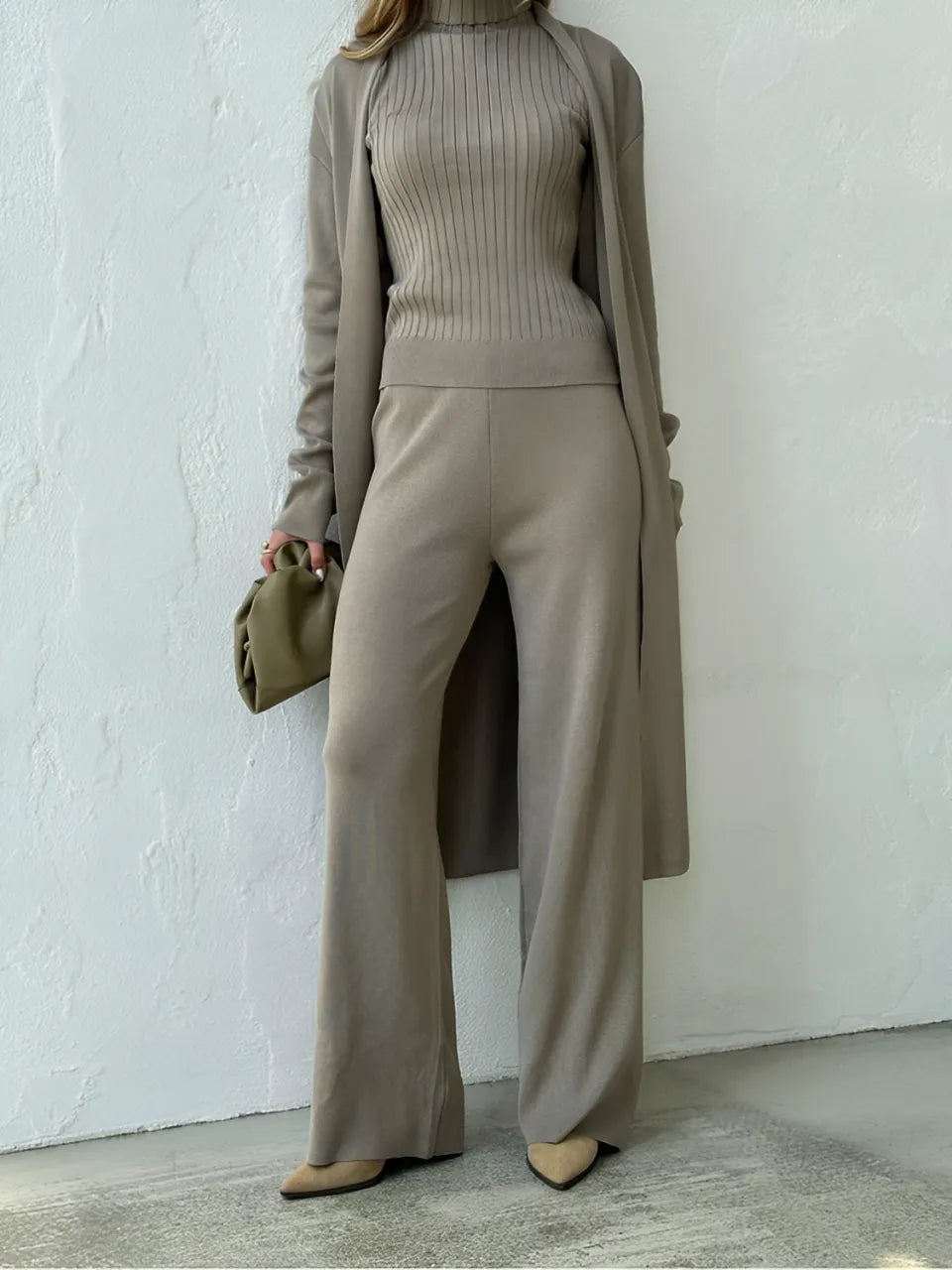 Conjunto Feminino 3 Peças Tricot Premium Pantalona Cardigan Longo e Gola Alta – Solstício VIEUX OFICIAL